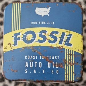 Fossil Blue and Yellow Faux Rust Metal Watch Tin, SBT0241 1/00, 2000 Y2K Vintage